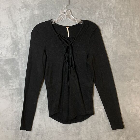 Free People Black Top Medium Cross Cross Neck Long Sleeve Pullover Witchy Goth - Picture 1 of 9